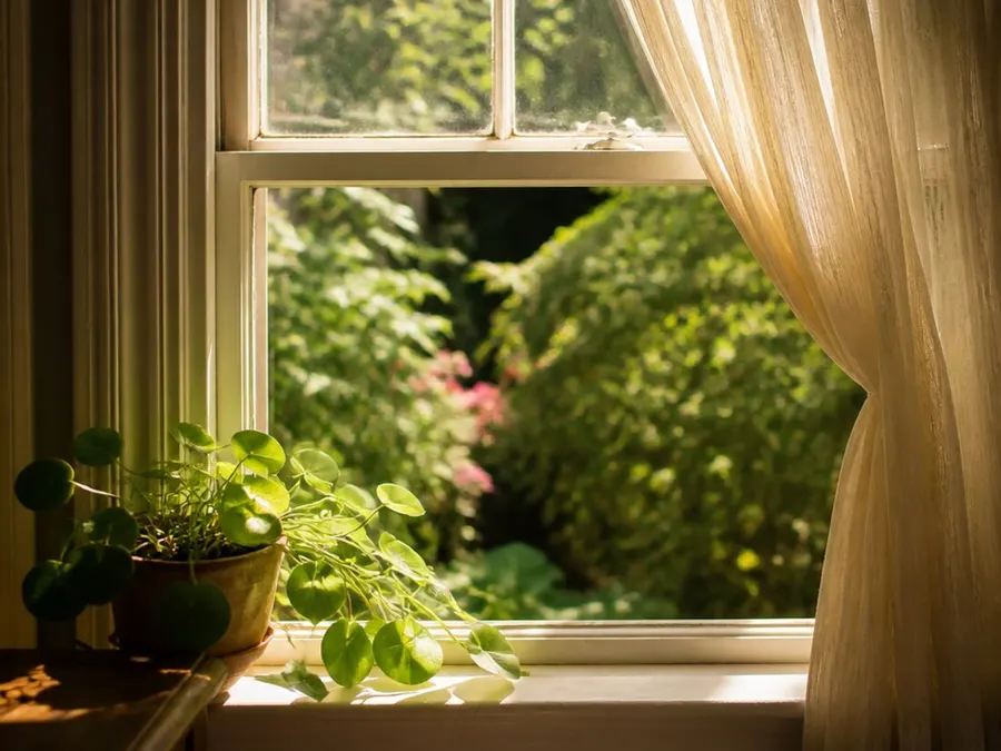 An open window letting morning light into a bedroom