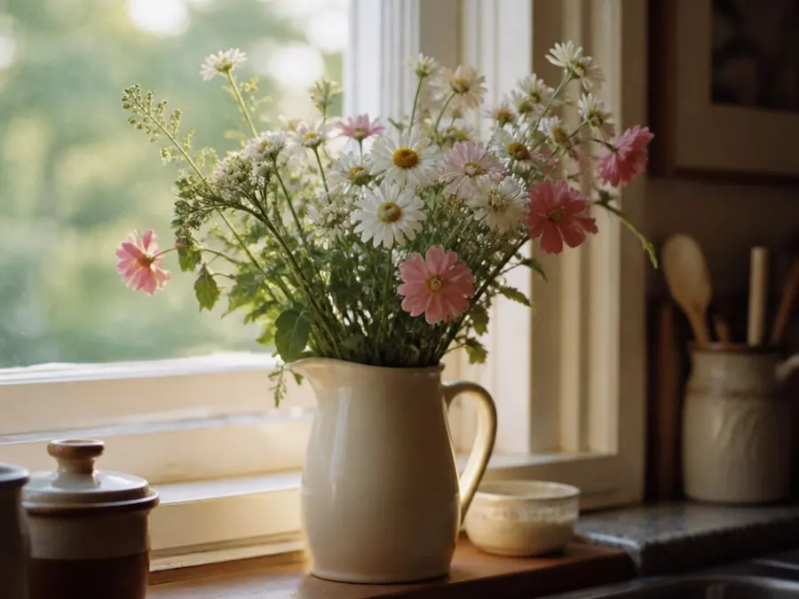 Fresh cut flowers in a vase on a kitchen counter